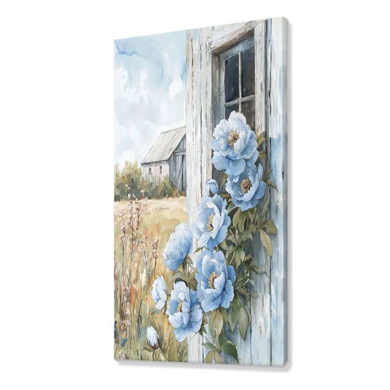 Pivoines bleues par la grange - pivoines, reproduction d'art sur toile, H 60 po x l 28 po, Toile tendue, Ne s’applique pas