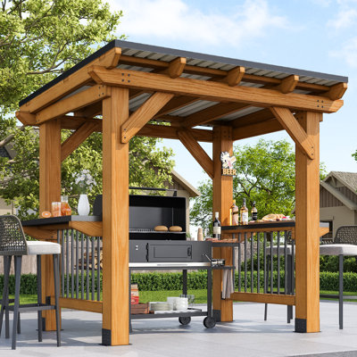 Grill Gazebo with Hardtop Metal Roof, Cedar Wood Outdoor BBQ Pavilion with Side Shelves and Bar Rail