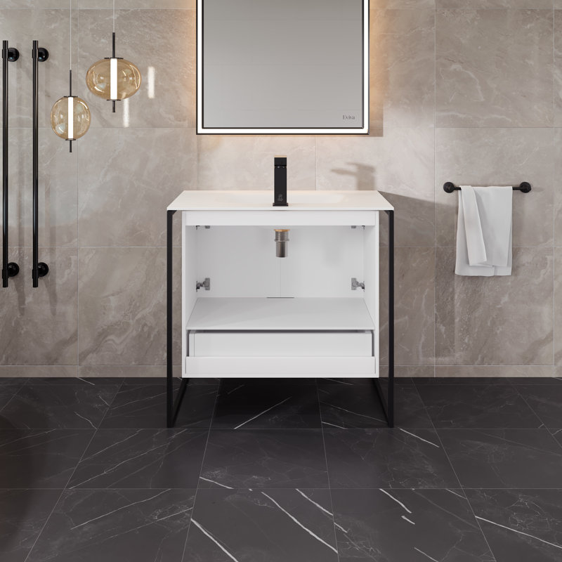 Mendiola 34 In. Wall Mount Single Sink Bath Vanity With Solid Surface Top And Integrated Sink, White
