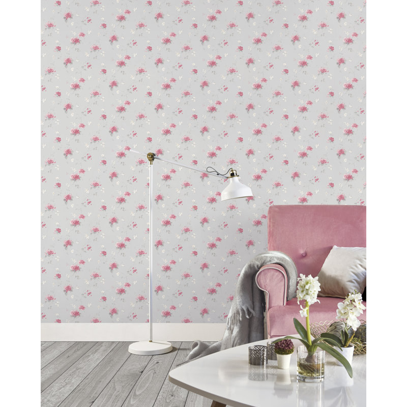 Pretty Prints Hortensia Floral Trail Wallpaper Roll, Pink/Beige/Grey