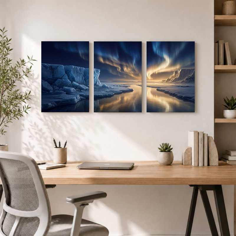 Icebergs et rivière gelée sous un ciel bleu et or - Ensemble de 3 toiles murales, H 36 po x l 24 po x 3 pièces