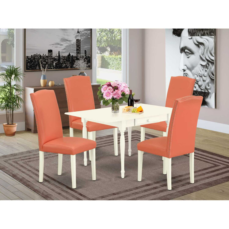 5 Piece Dinette Set Includes a Rectangle Dining Room Table with Dropleaf and 4 Pink Flamingo Faux Leather Upholstered Chairs, Linen White