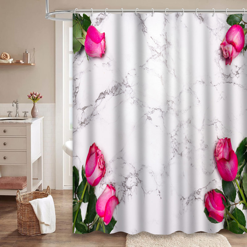 Rideau de douche Saint-Valentin à motif de roses en marbre avec 12 crochets, L 72 po x l 72 po