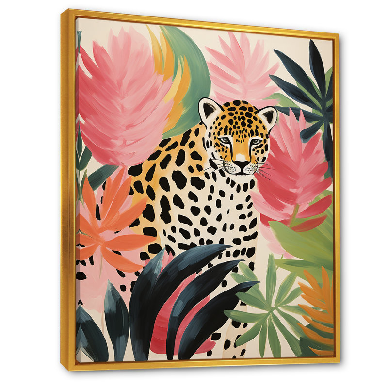 Vert et rose léopard, élégance tropicale I - art mural léopard / guépard, H 40 po x l 30 po x P 1,5 po, Cadre flottant doré