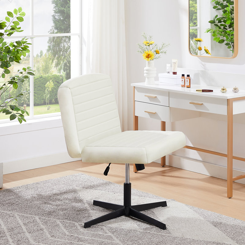 Josiel Criss Cross Chair Legged Office Comfy Desk Seat Armless Computer Swivel Vanity Task Seating, Beige