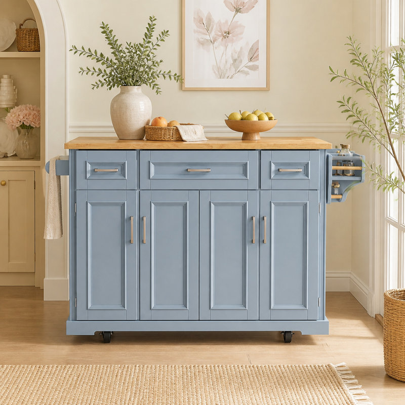 Îlot de cuisine de 54,1 po de largeur avec panneaux gaufrés et abattant, gris et bleu, Grey+Blue