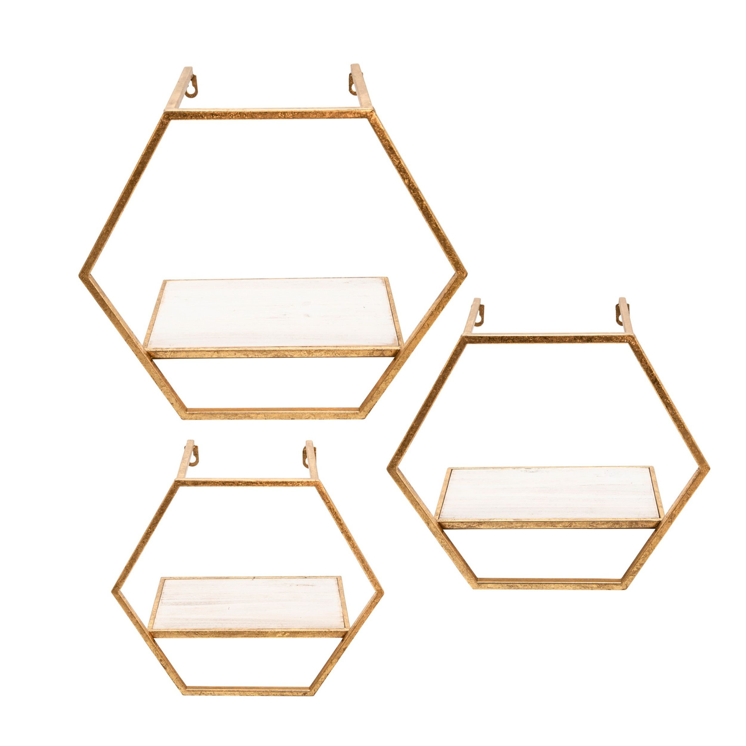 Joss & Main Set of 3 Hexagon Shaped Wall Shelves Gold Metal and Wood