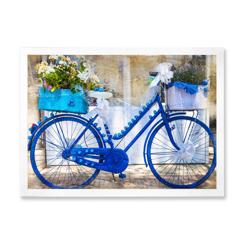 Vélo rétro bleu avec fleurs - Impression sur toile, H 12 po x l 20 po, Cadre photo blanc