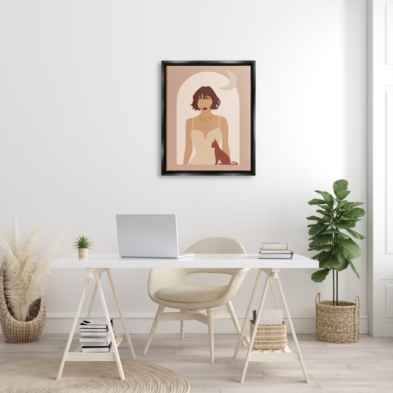 «Woman and Cat Arch Shape Cutout Moon Motif» par Birch & Ink - impression sur toile tendue, Cadre flottant noir de jais