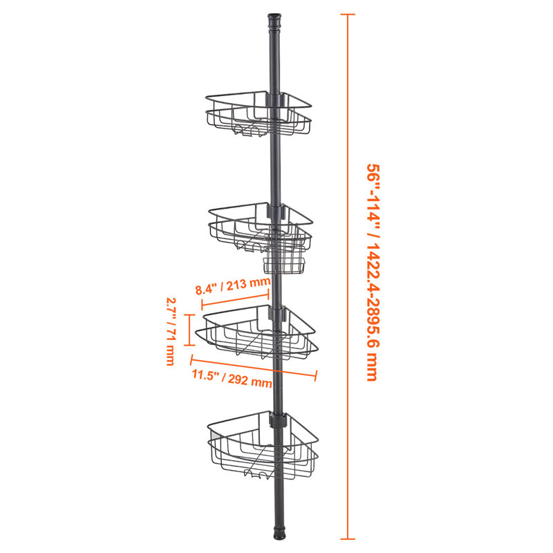 56" to 114" High Shower Corner Caddy Tension Pole Rust-Proof Tension Pole, Matte Black