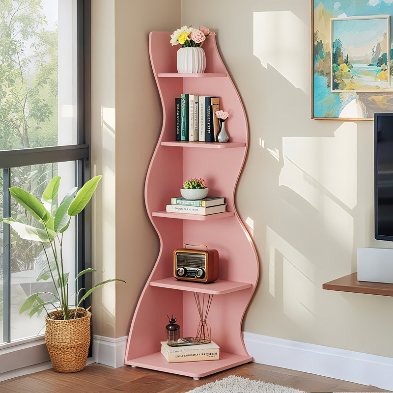 Bibliothèque d'angle à 5 niveaux, bibliothèque à conception géométrique unique, Rose