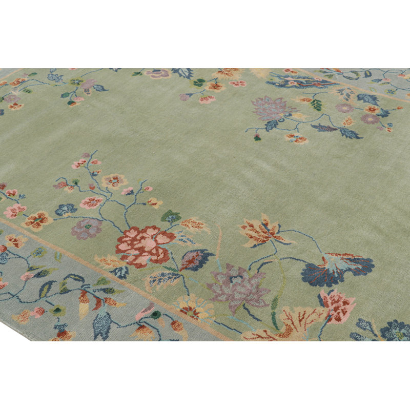 Art Deco Hand Knotted Wool Floral Area Rug, Rectangle 5' x 8'
