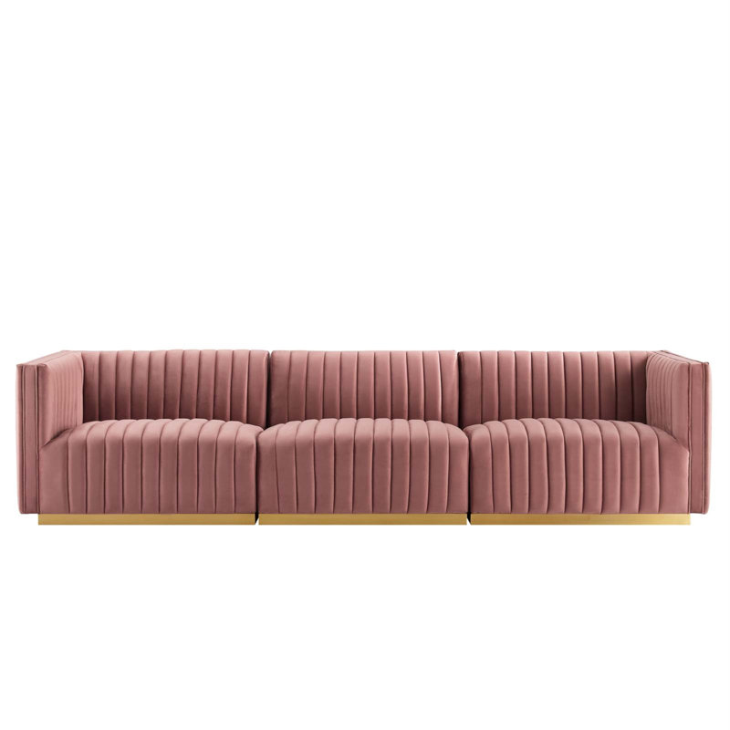 Conjure Channel Tufted Sofa by Modway, Gold, Pink Velvet, 28" H x 119" W x 41.5" D