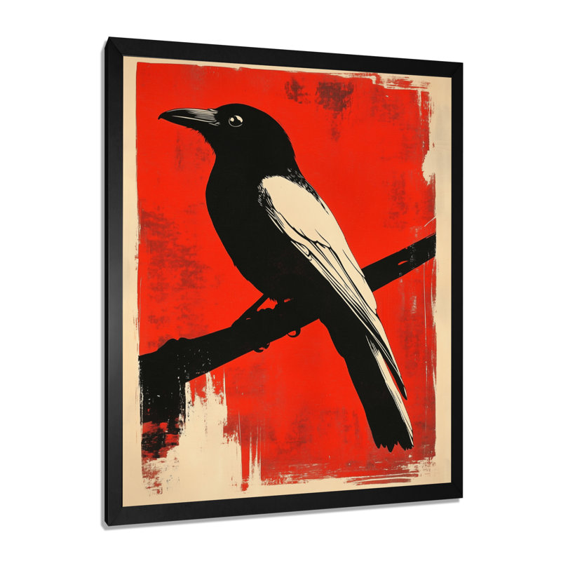 Corbeau rouge dans l'ombre sculptée - Linogravure encadrée, 44" H x 34" W, Black Picture Framed
