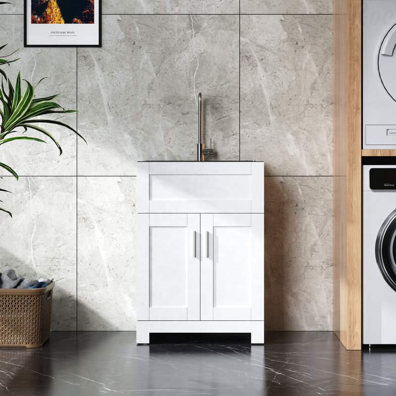 24in White Paint Free Laundry Tub Cabinet W/ Stainless Steel Combo(Update)