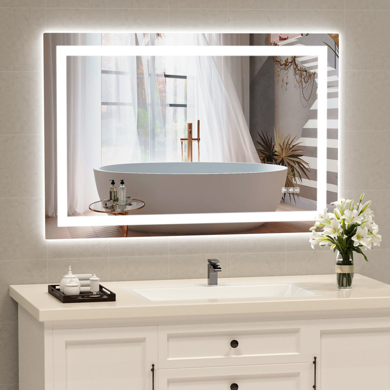 Keyshauna LED Bathroom Mirror with Frontlit and Backlit, 3 Colors Temperature & Dimmable Light Anti-fog Tempered Glass Bathroom Vanity Mirror