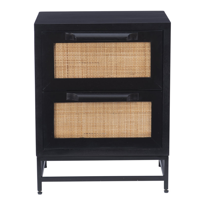 2-Drawer Solid Wood Nightstand with Cane Fronts, Black