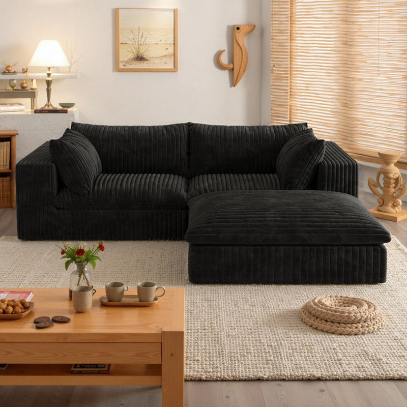 Canapé modulaire en forme de L de Boneless, Velours côtelé noir