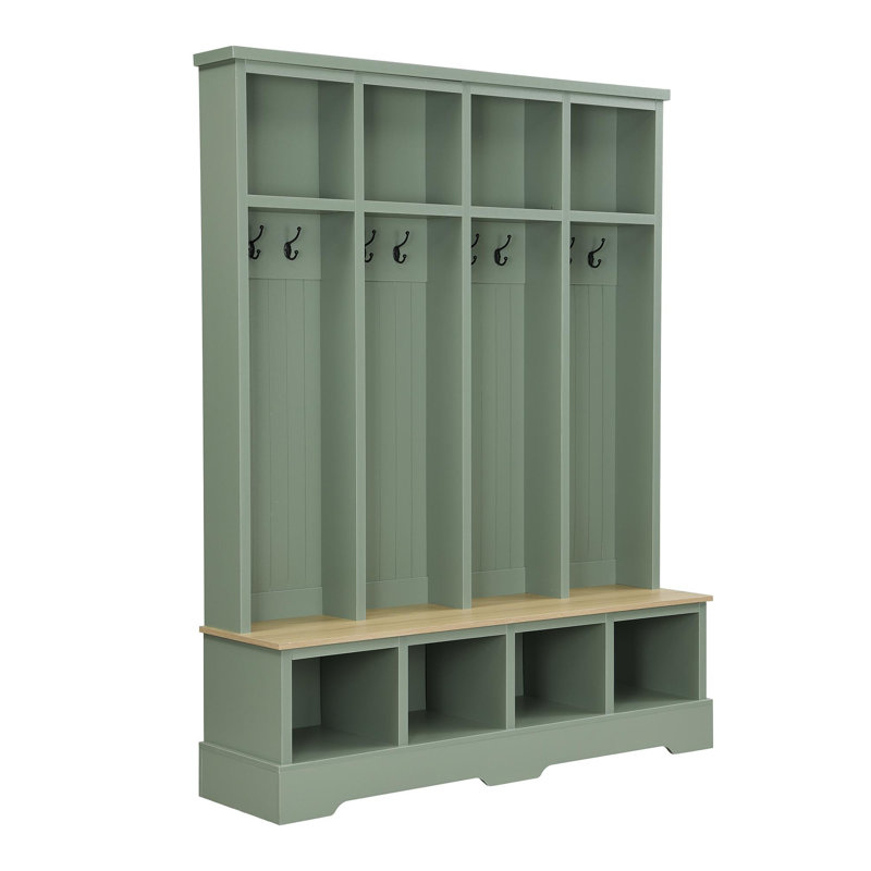 Farmhouse Wide Hall Tree with 8 Hooks, Practical Entryway Bench with Open Compartments, Green