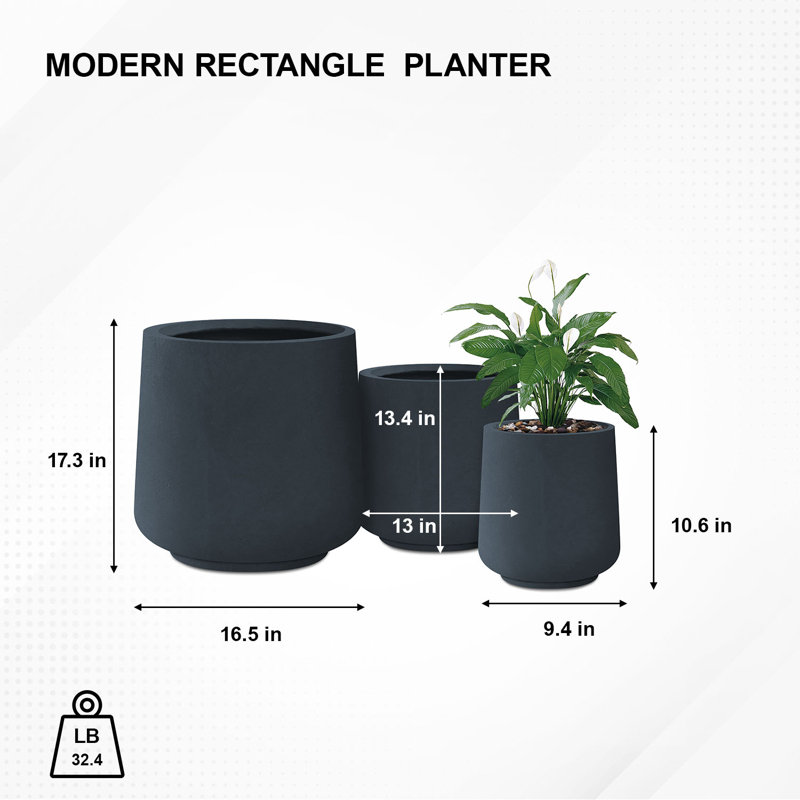 Kante Charcoal Concrete Round Planters with Drainage Holes Set