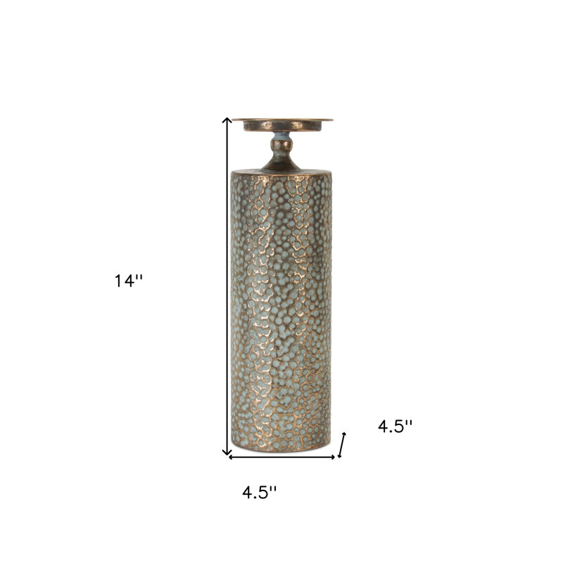 Set of Three Bronze Distressed Abstract Metal Tabletop Pillar Candle Holders