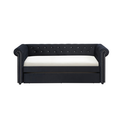 Luxurious 1Pc Modern Aesthetic Beautiy Button Tufted Nailhead Trim Design Daybed Built-In Pull-Out Trundle Bed Living Space Guest Room Bedroom