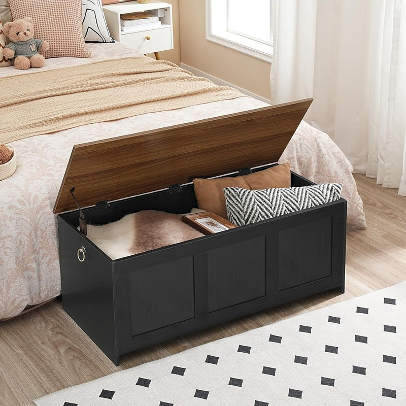 Banc de rangement rétro en bois de 99,8 cm, coffre de rangement à couvercle relevable et organisateur d'entrée, noir et noyer