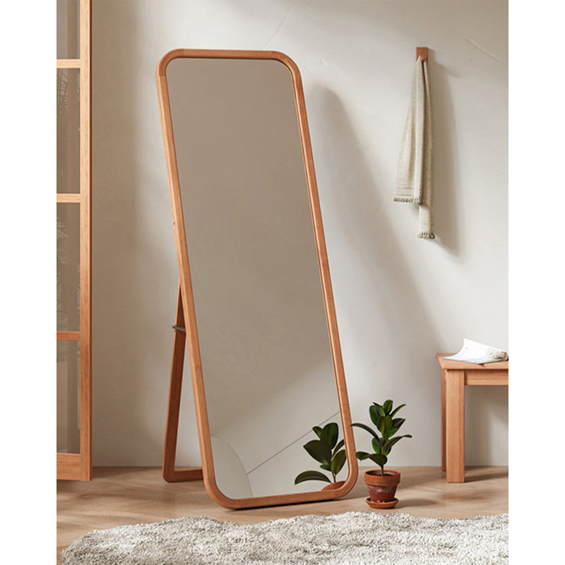Miroir moderne autoportant complet en bois à bord arrondi pour la décoration de chambre à coucher, Tanné