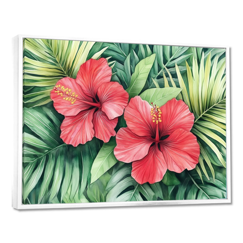 Toile fleur tropicale, art mural hibiscus, Prou, H 24 po x l 32 po, Cadre flottant blanc