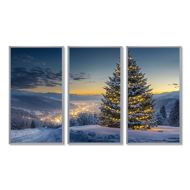 Arbre de Noël bleu vert - ensemble de décoration murale de Noël, Cadre argenté, H 32 po x l 48 po