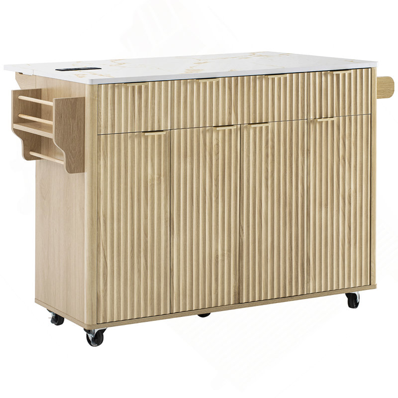 55.5" Fluted Kitchen Island With Drop Leaf, Storage, Charging Station & Lockable Wheels, Natural, White Marble