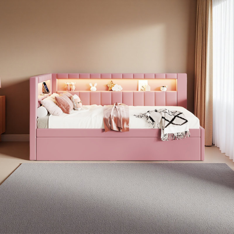 Upholstered Platform Bed With USB Ports And LED Belt, With Trundle, Pink, Twin