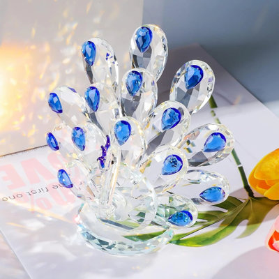 Crystal Peacock Figurine with Blue Faceted Accents, Handcrafted Decorative Bird Sculpture for Home Décor
