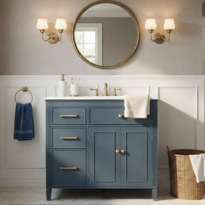 36" Freestanding Bathroom Vanity with Ceramic Sink & 4 Drawers & Adjustable Shelf, Solid Wood Frame Blue Grey)