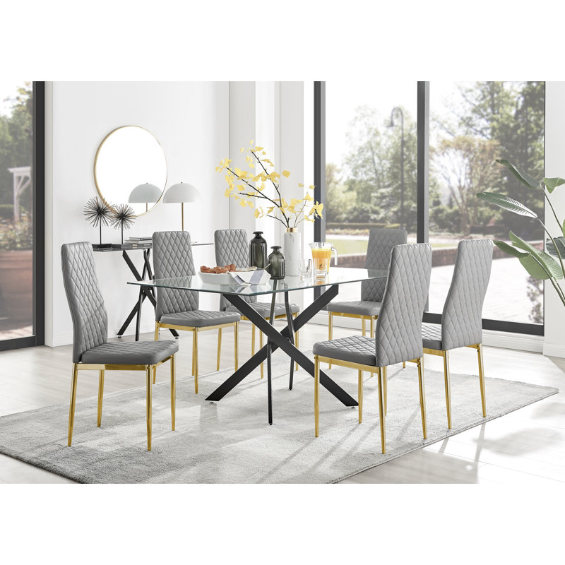 Ensemble de table de salle à manger en métal noir et verre avec 6 chaises rembourrées Lenworth, Gris / or