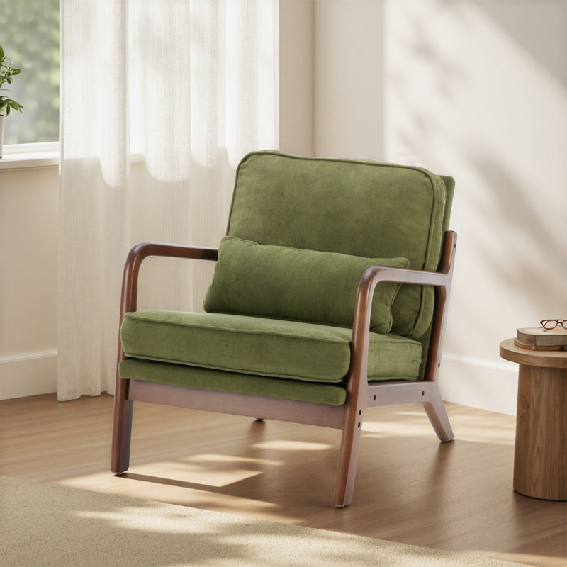 Upholstered Linen Blend Accent Chair with Wooden Legs and Lumbar Pillow, Green