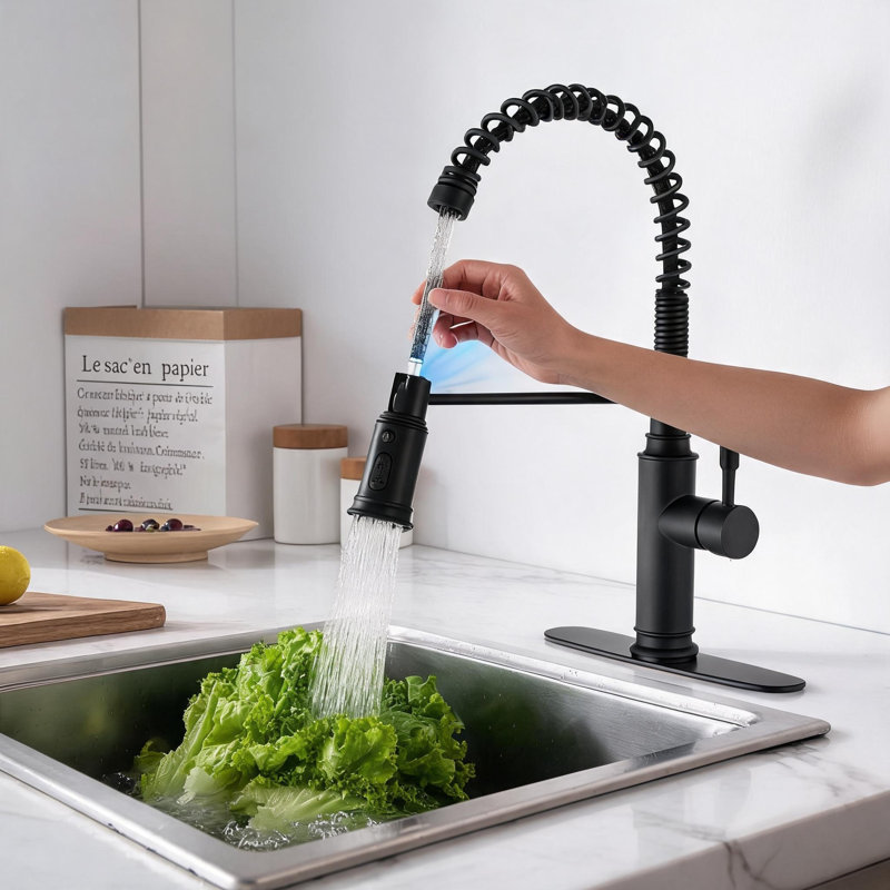 Robinet de cuisine en acier inoxydable noir mat avec douchette extractible