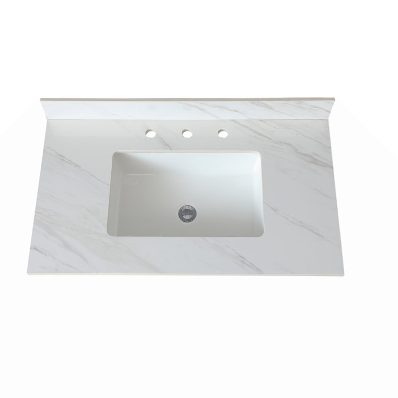 Dessus de meuble-lavabo en marbre, comptoir avec trous de robinet pré-percés, comptoir de salle de bain avec lavabo central encastré rectangulaire et Bianco Carrara Venato