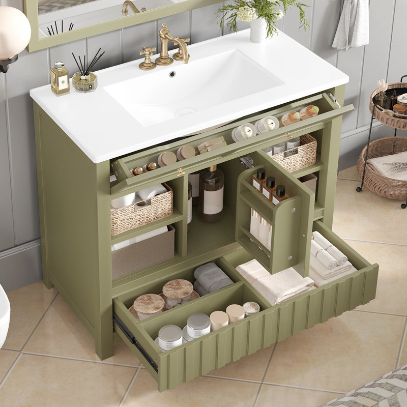 Meuble-lavabo de salle de bain avec lavabo, tiroirs et tablettes de rangement ouvertes, Vert