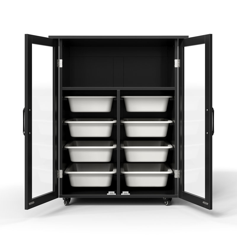 Armoire à outils roulante noire de 27,4 po de largeur avec 8 plateaux amovibles et portes en verre