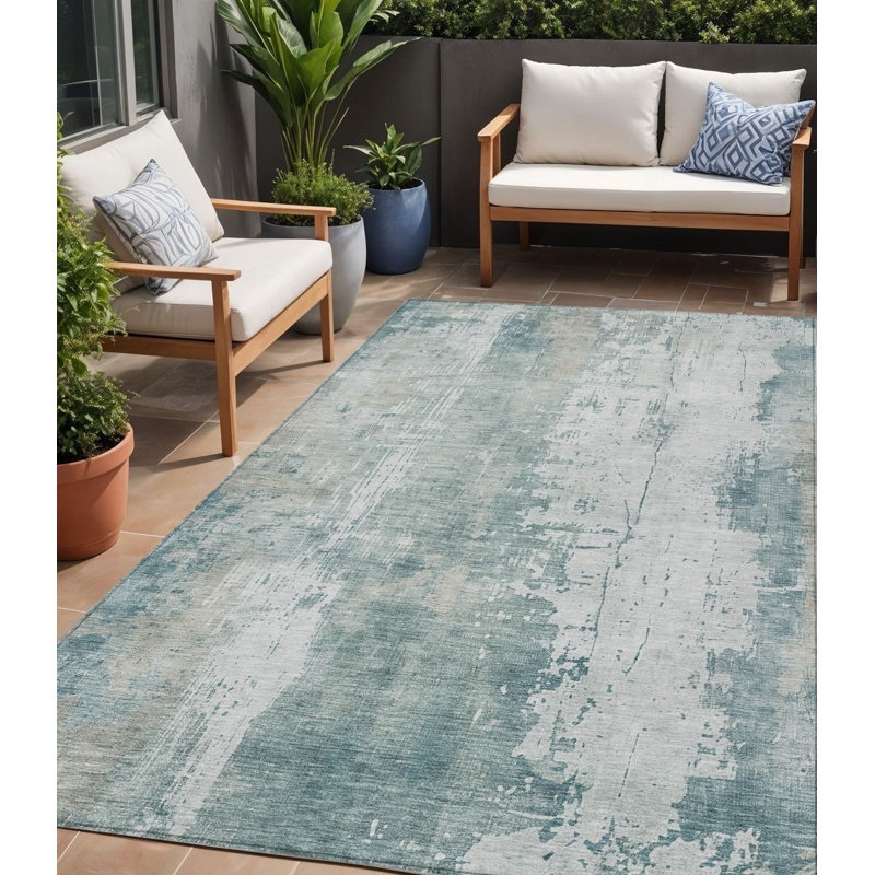 Tapis extérieur turquoise lavable abstrait 5 pi x 8 pi