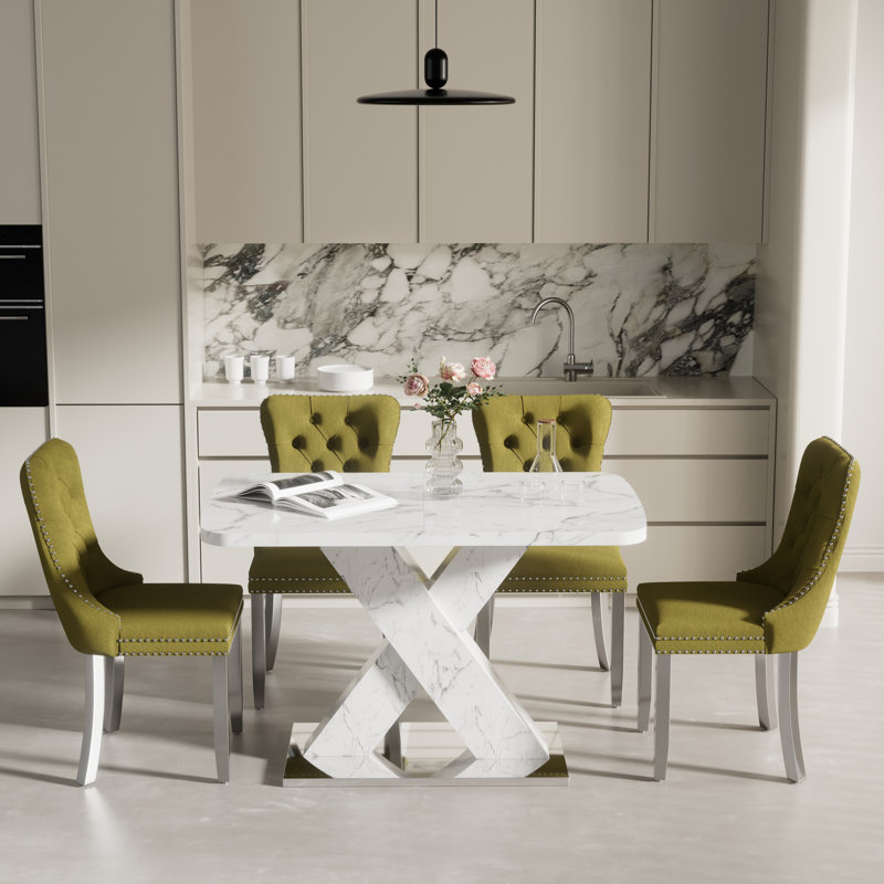 47.24''-63'' Extendable Dining Room Table Set, White, 5, Olive Green