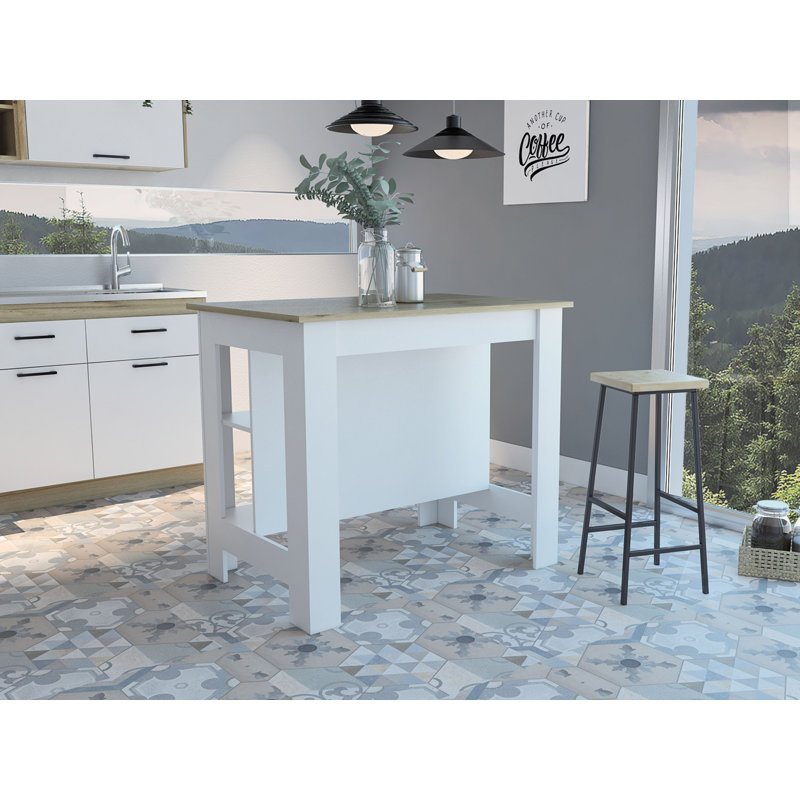 Îlot de cuisine, quatre pieds, trois tablettes, Bois naturel, Blanc