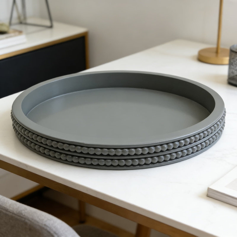 Modern Oval Decorative Tray With Wood Bead Trim, Farmhouse Rustic Serving And Display Tray For Table Centerpiece And Home Organization