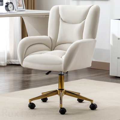 Ivory Velvet Fabric Office Chair, 360 Swivel Home Office Chair, With Gold Metal Base And Universal Wheels