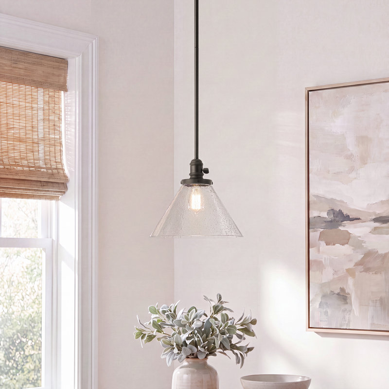1-Light Olde Bronze Cone Pendant with Clear Seeded Glass Shade, Bronze