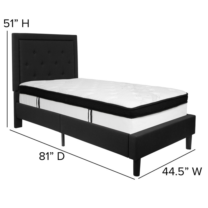 Aluino Panel Tufted Platform Bed and Memory Foam Pocket Spring Mattress, Twin, Black