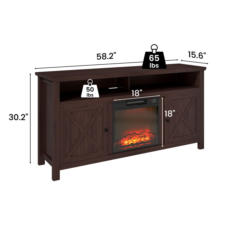 Meuble télé 58 po pour téléviseur de 65 po ou moins avec foyer électrique de 18 po inclus, Brun