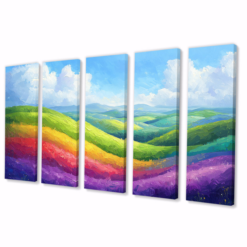 Arc-en-ciel au-dessus des collines luxuriantes - Art mural - Ensemble de décoration murale, 28" H x 60" W, 5