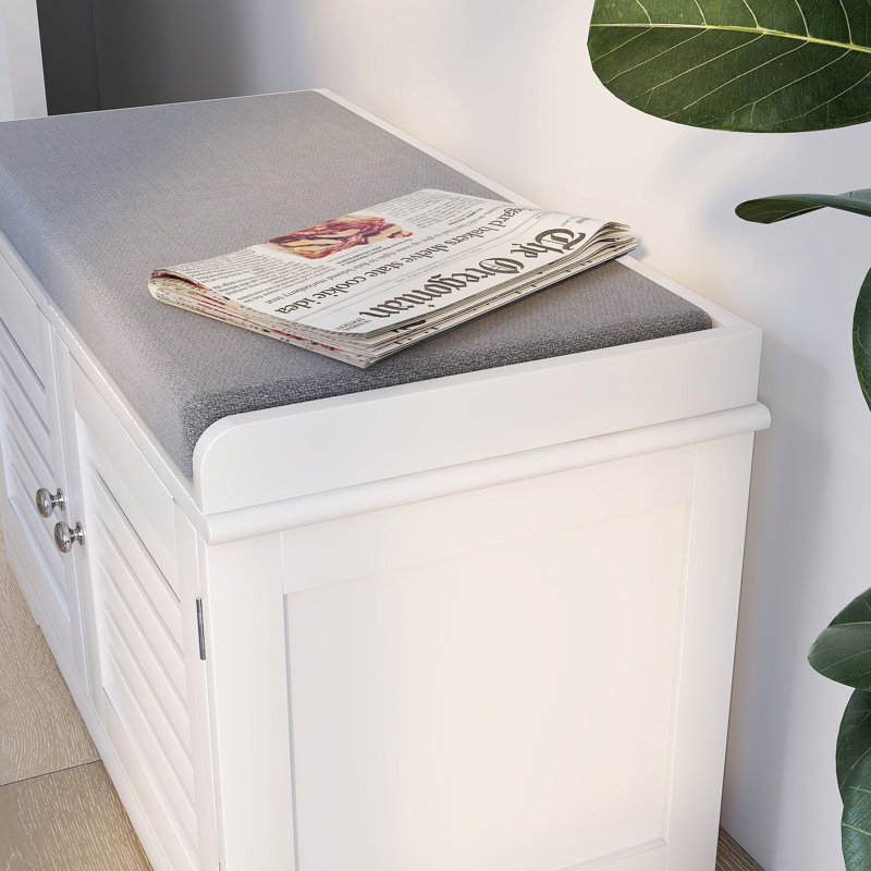 Shoe Storage Bench With Padded Seat Cushion, Entryway Bench With 2 Barn Doors-White, White, Light Gray